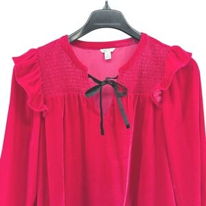 Cato Womens Medium Hot Pink Velvet Smocked Ruffle NeckTie Long Sleeve Blouse Top